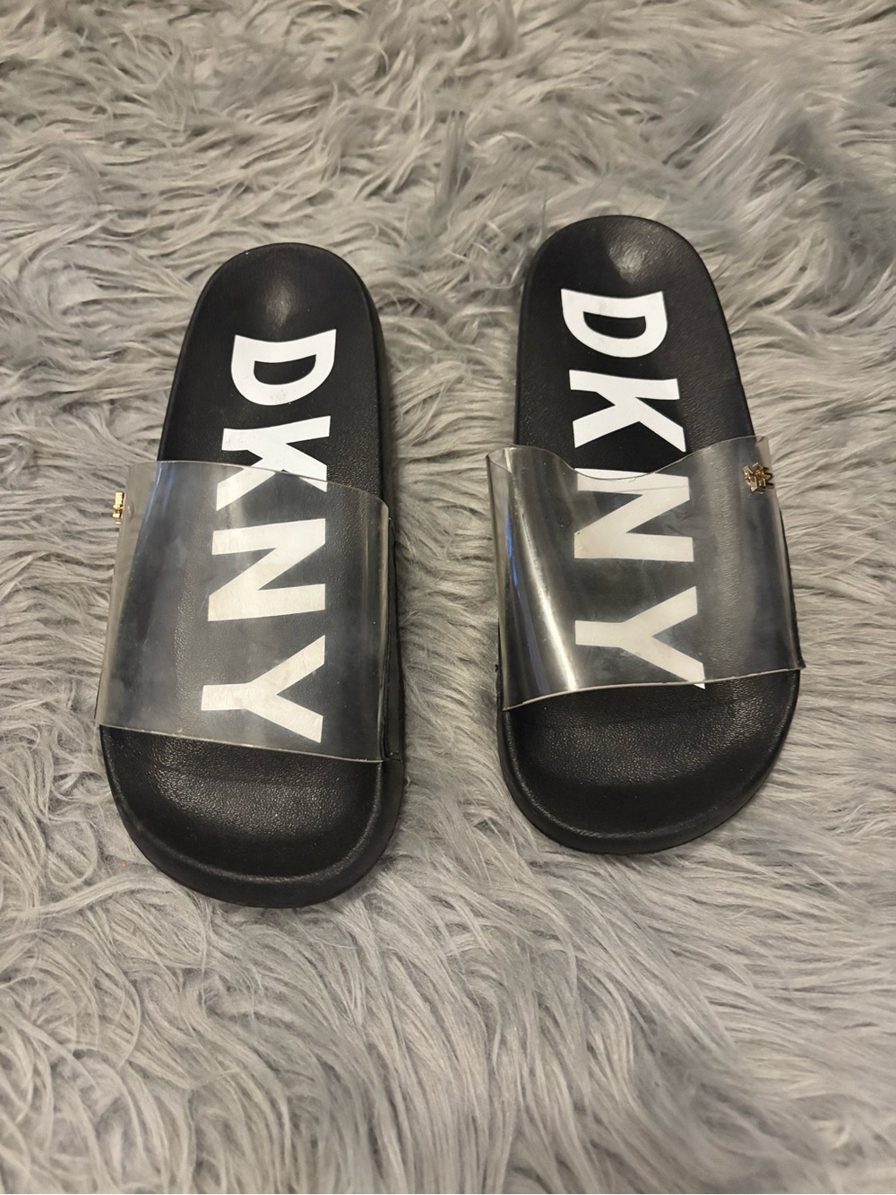 DKNY Black Slides with Clear Vinyl Strap and White Logo